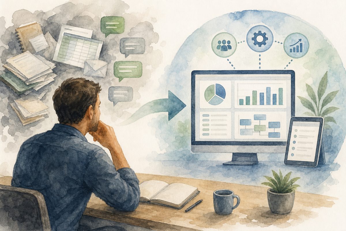 Gestor analisando processos para implantar um sistema sob medida na operação da empresa