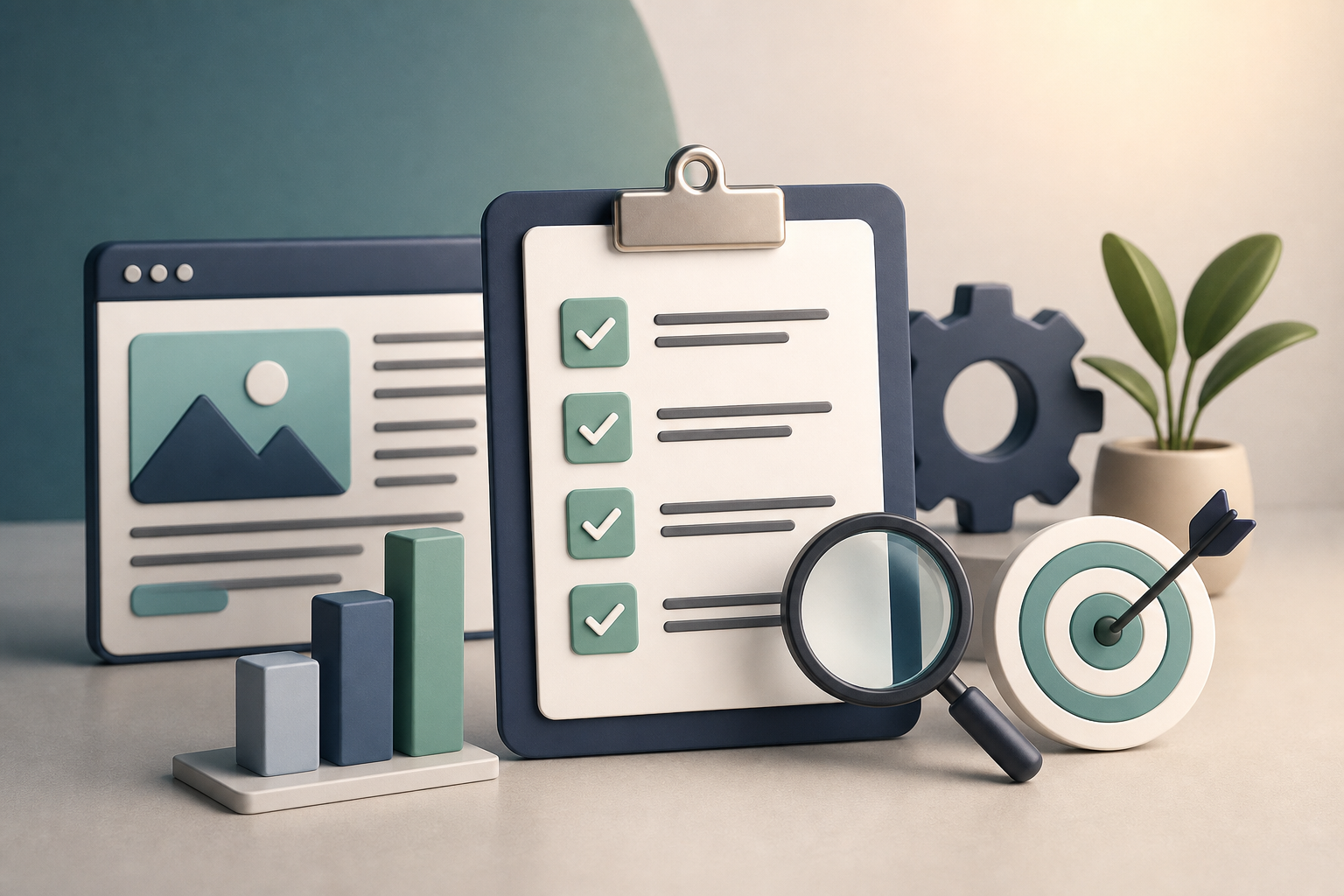 Revisão de otimização SEO em um blog com dashboard, palavras-chave e rank tracking