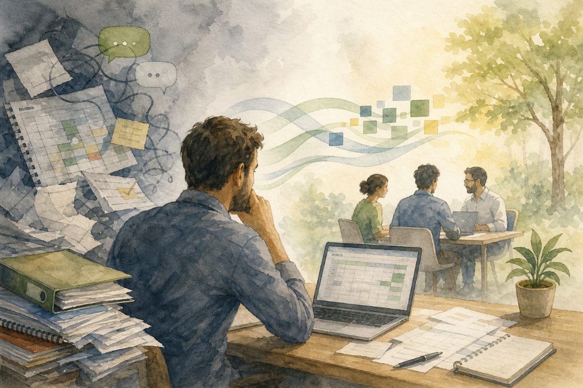 Gestor analisando uma planilha empresarial enquanto avalia quando a rotina da empresa precisa de um sistema sob medida