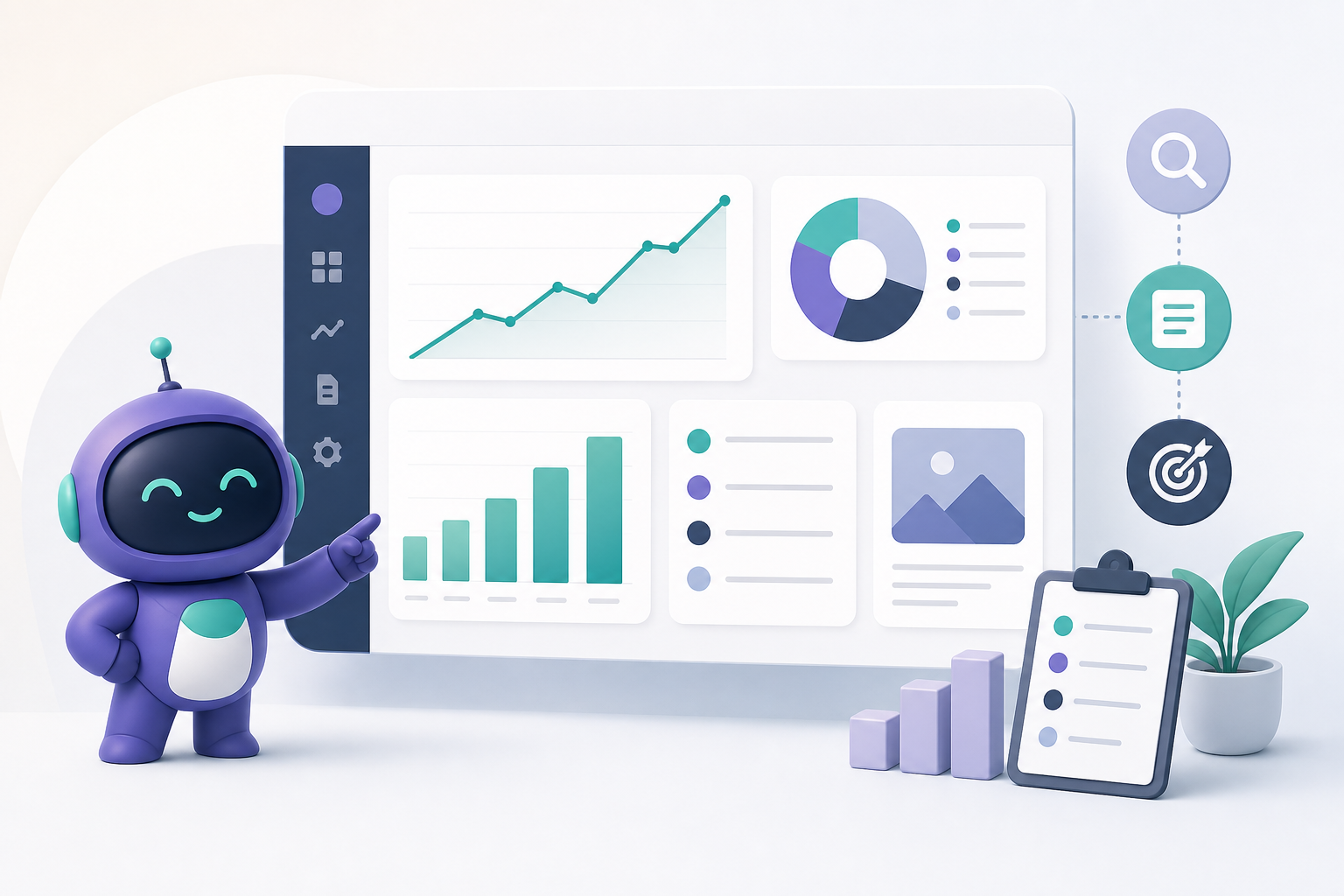 Dashboard de SEO com indicadores de rank tracking, SEO Score e planejamento de conteúdo