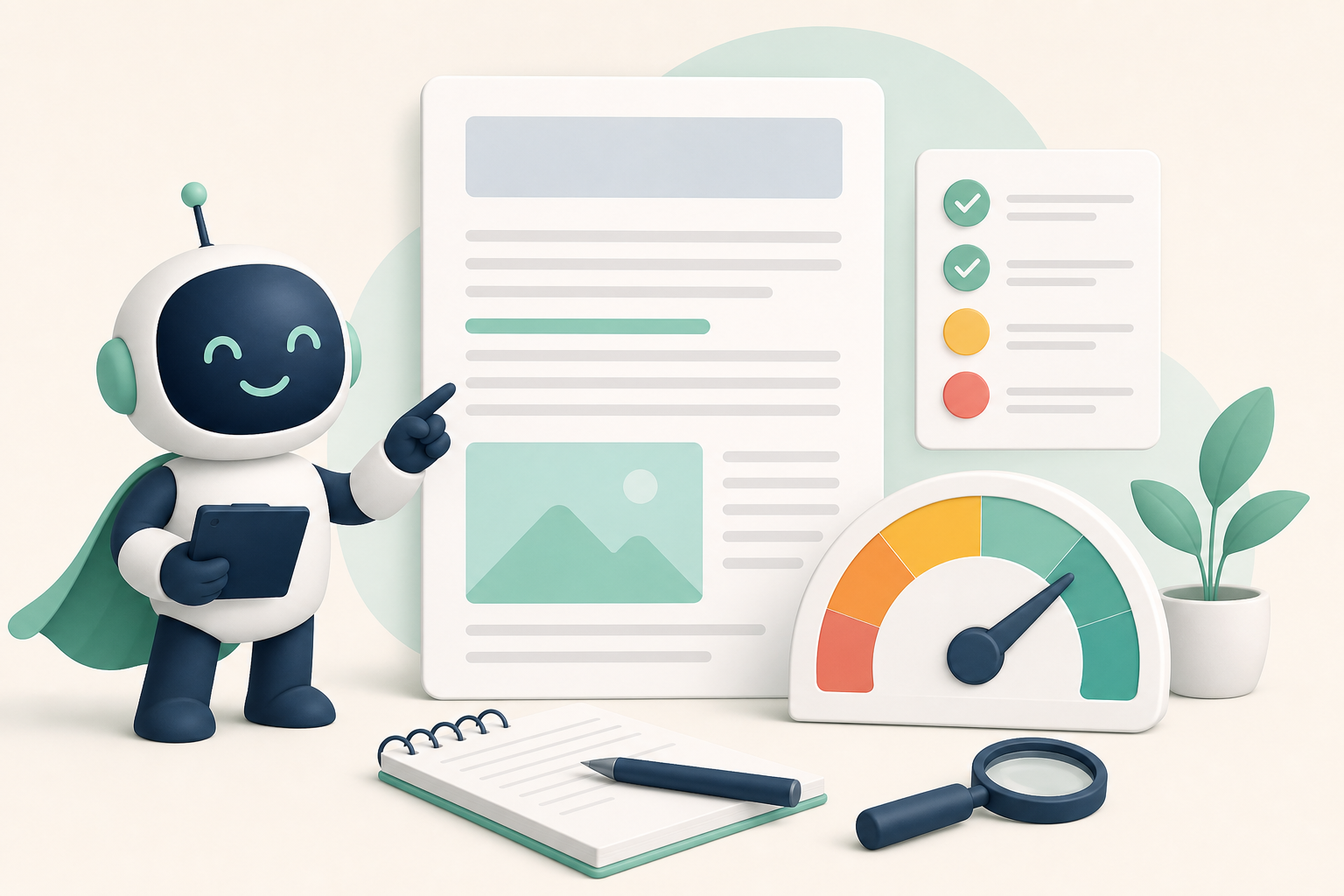 Dashboard com SEO Score destacando revisão editorial de artigos de blog