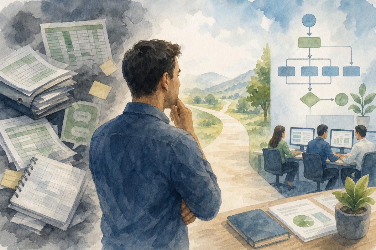 Gestor analisando uma planilha empresarial enquanto avalia a centralização do controle interno da operação