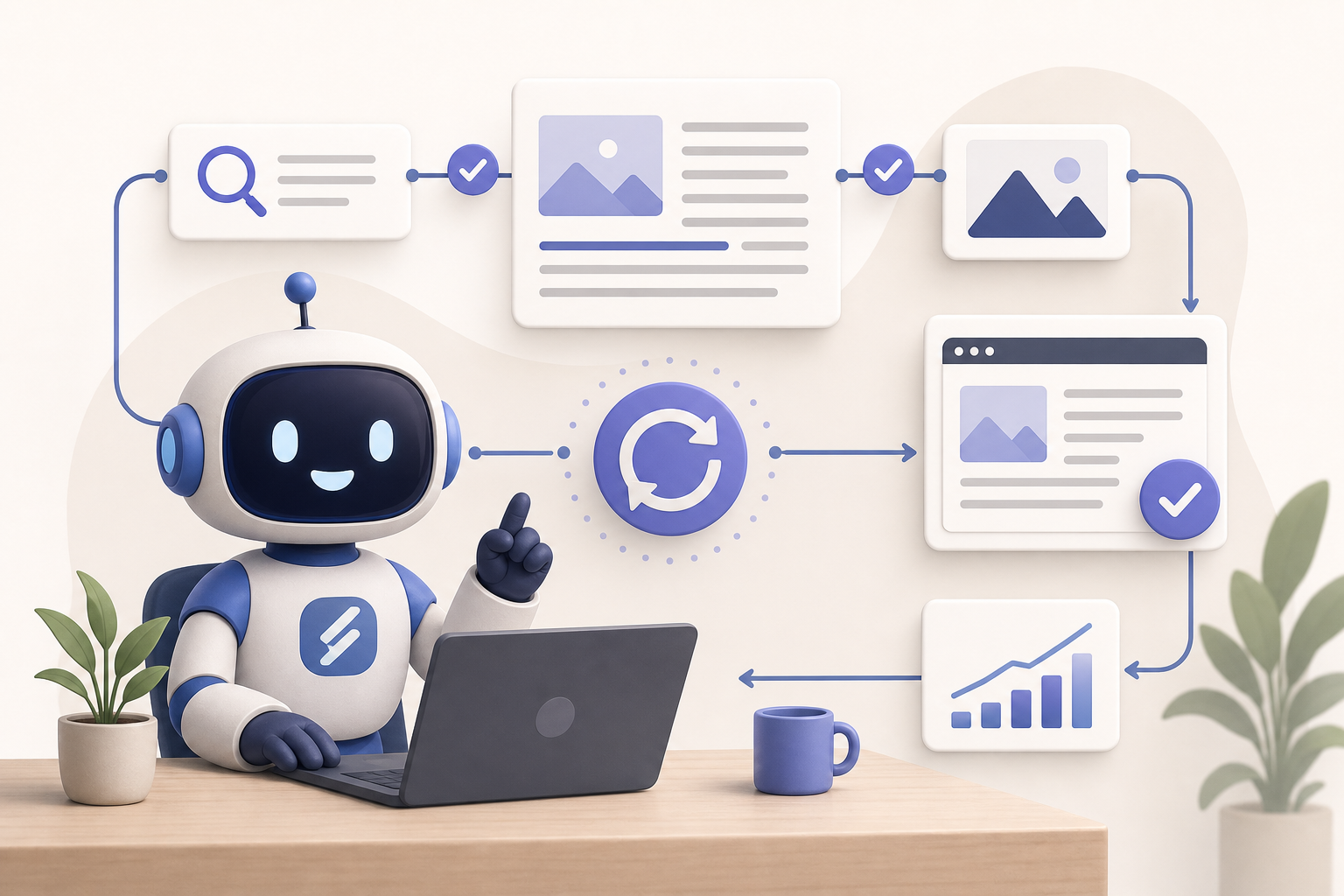 Interface de blog automático com painel de conteúdo, publicação automática e acompanhamento de resultados SEO