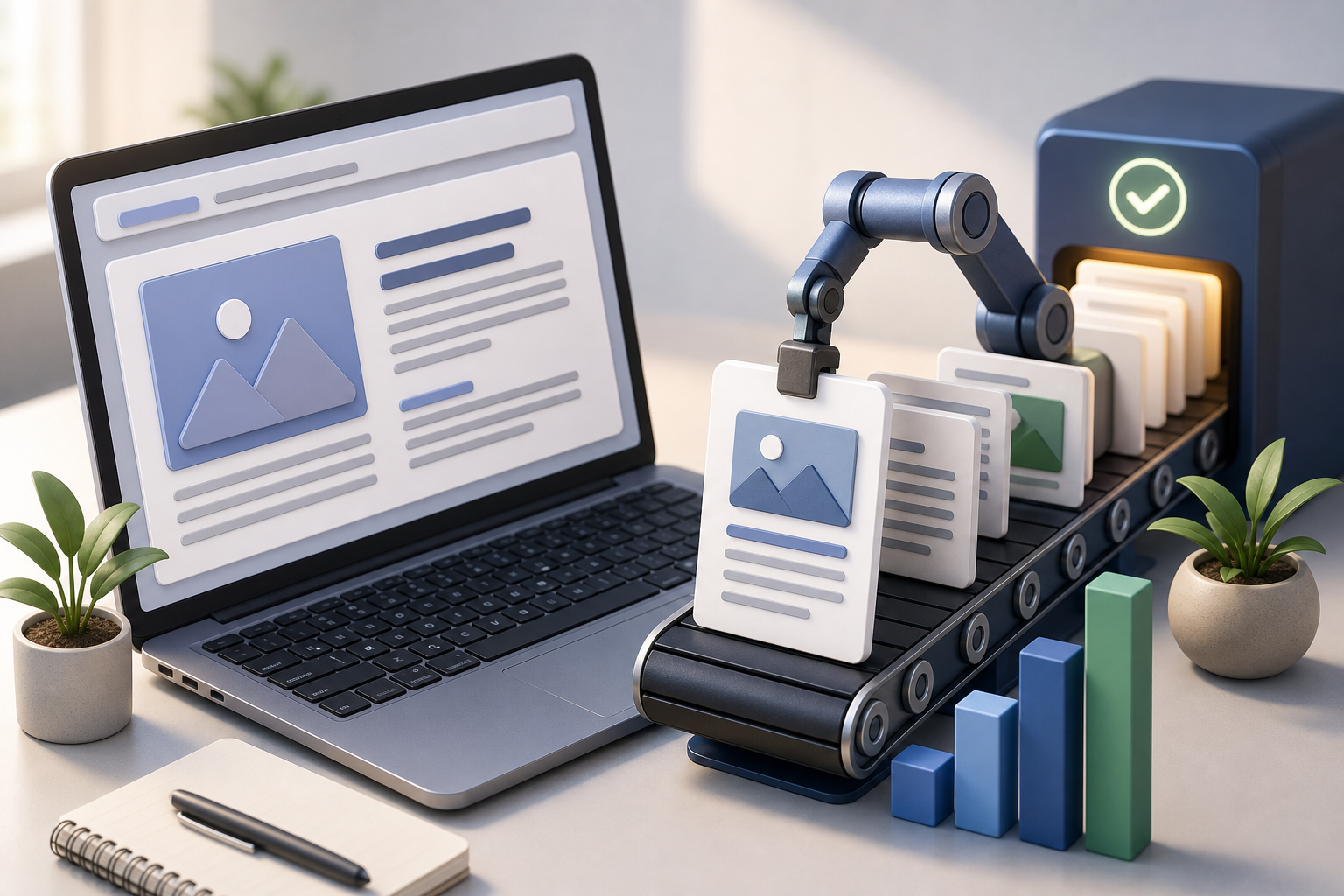 Ilustração de conteúdo SEO com publicação automática em um fluxo de trabalho de blog