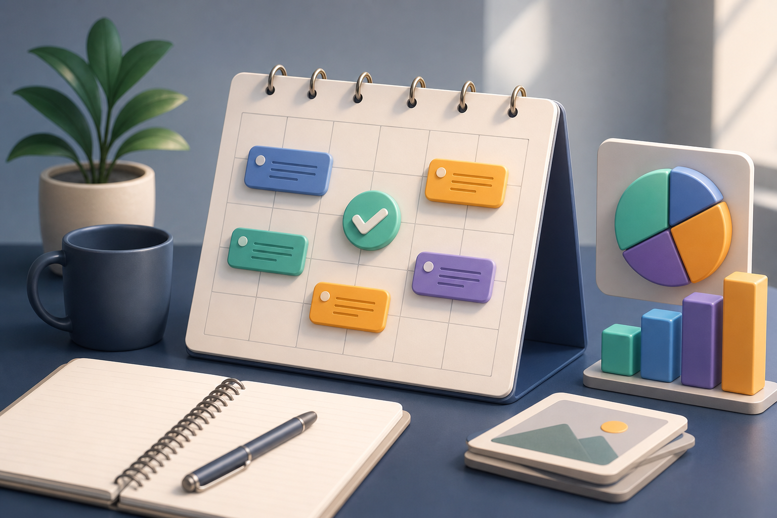 Equipe analisando um plano de conteúdo mensal com palavras-chave, dashboard e SEO Score para priorizar pautas