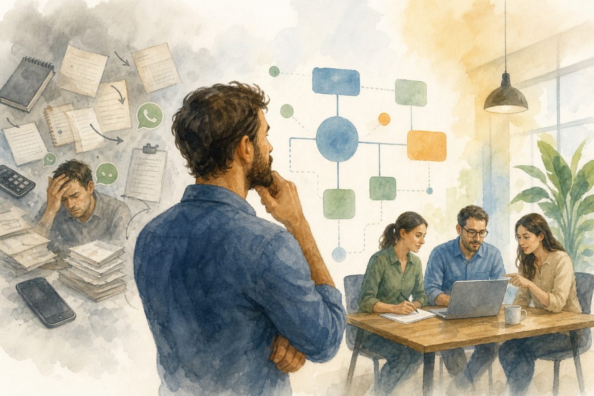 Gestor analisando a operação com apoio de um sistema personalizado para centralizar dados e organizar prazos