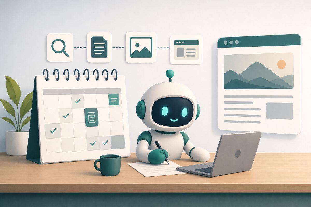 Equipe planejando consistência no blog com plano de conteúdo e automação