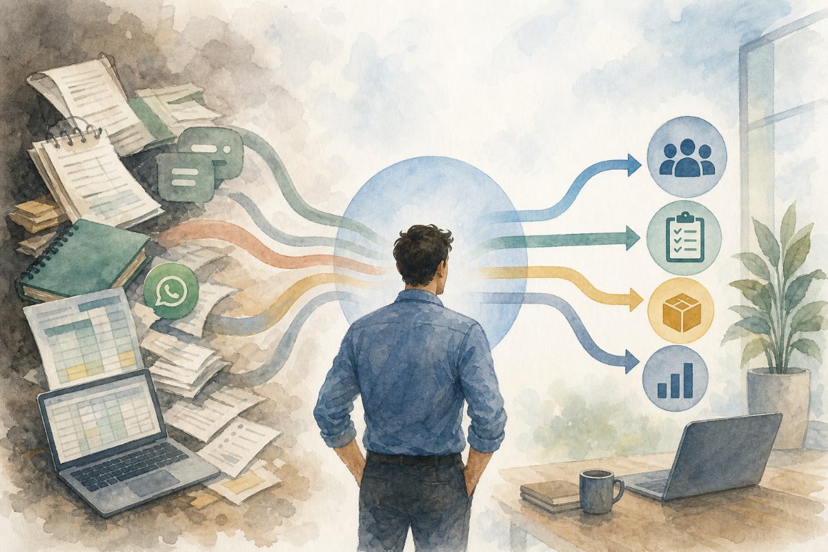Equipe analisando a gestão operacional com processos, tarefas e informações centralizados