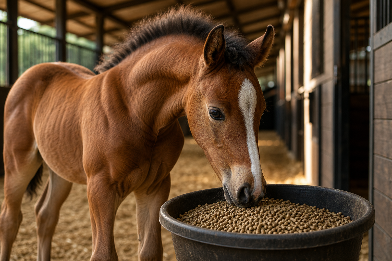 Potro em crescimento recebendo ração para potros em um manejo de nutrição equina