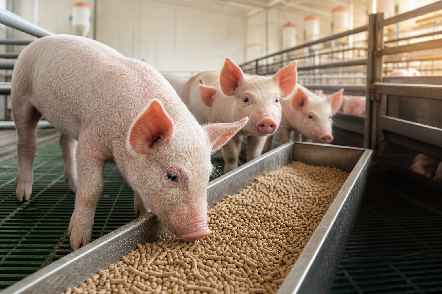 Produtor avaliando ração suínos com foco em nutrição animal, alta digestibilidade e manejo por fase