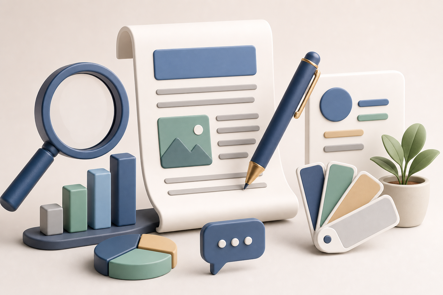 Equipe alinhando conteúdo SEO, tom de voz da marca e imagem IA em um dashboard de blog