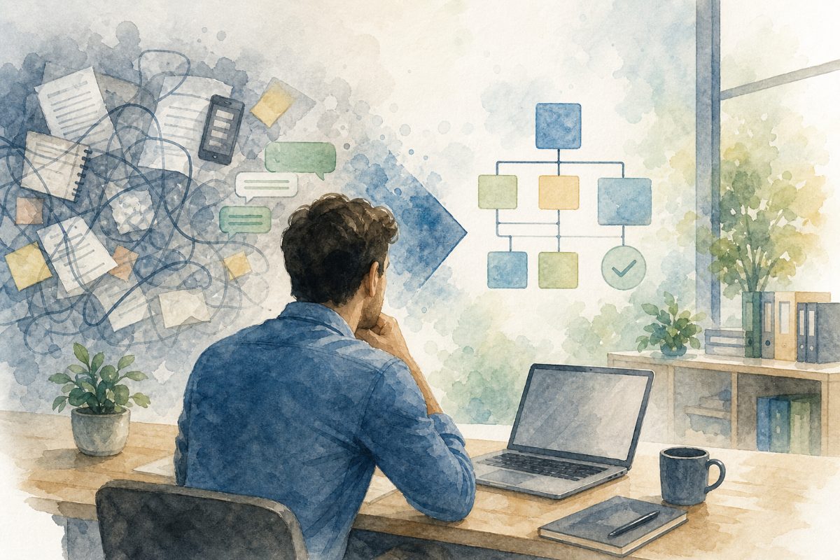 Gestor avaliando um sistema de gestão para centralizar dados e organizar a operação