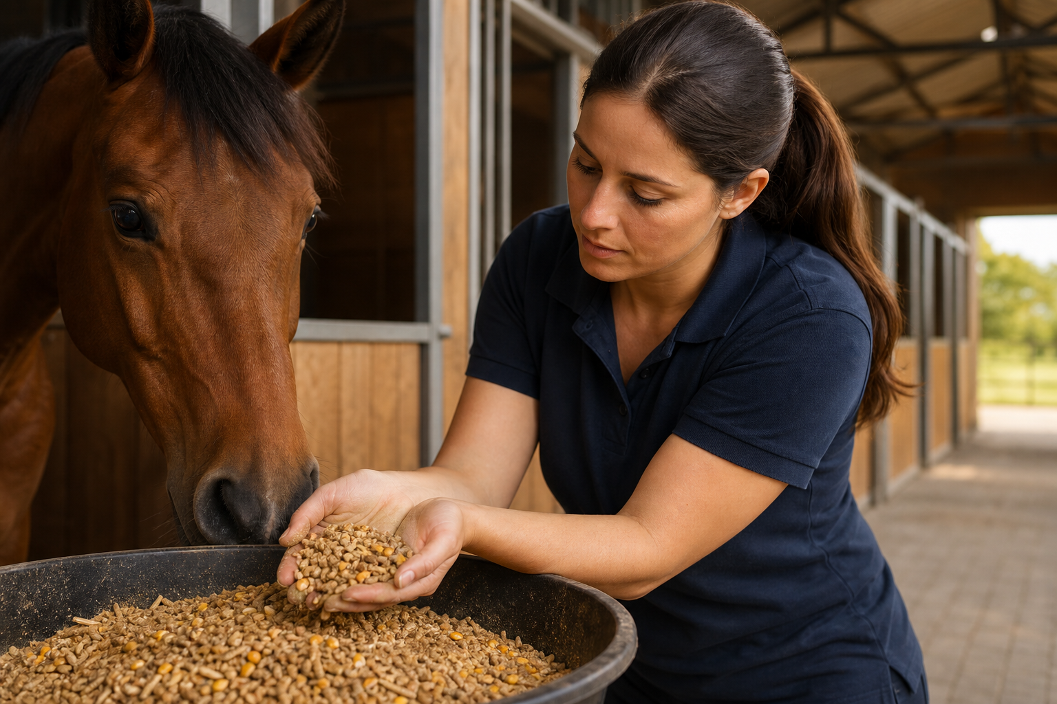 Cavalo em manejo alimentar com foco em nutrição equina e ração para cavalos