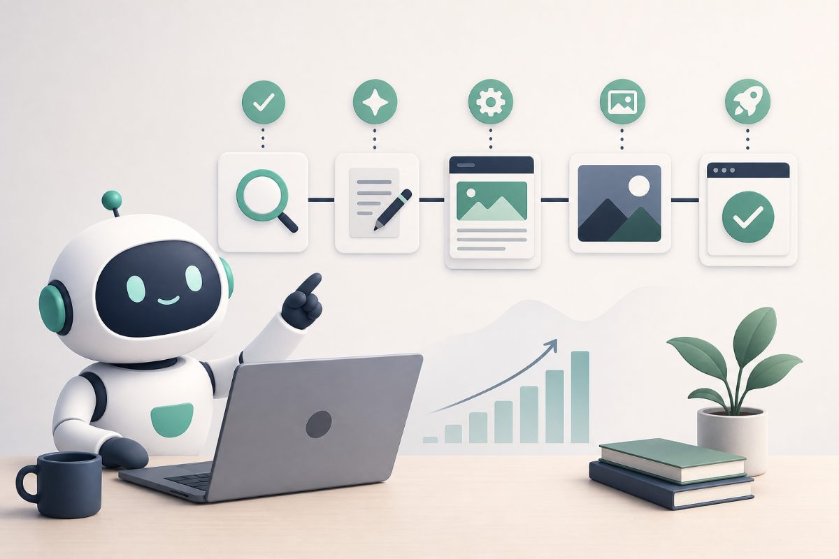 Ilustração sobre automação no marketing de conteúdo com dashboard, planejamento e publicação de artigos