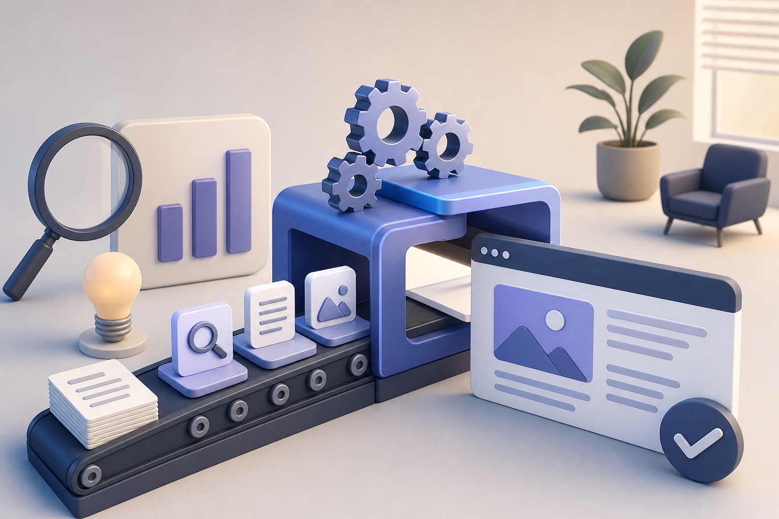Equipe enxuta usando automação de SEO para manter blog ativo com artigos SEO, imagem IA e publicação automática
