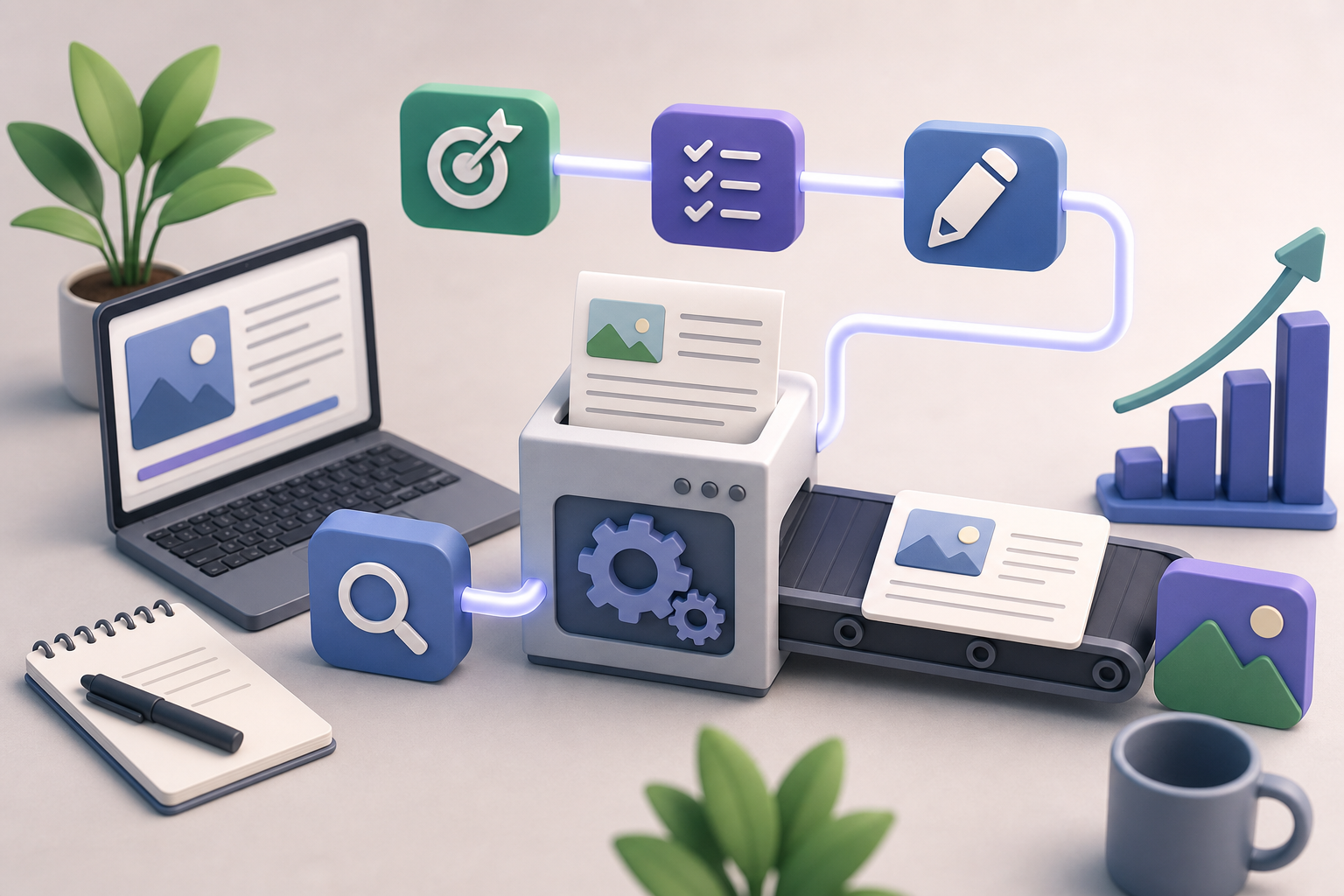 Equipe enxuta usando automação de SEO para organizar o blog, acompanhar dashboard e viabilizar publicação automática com consistência.