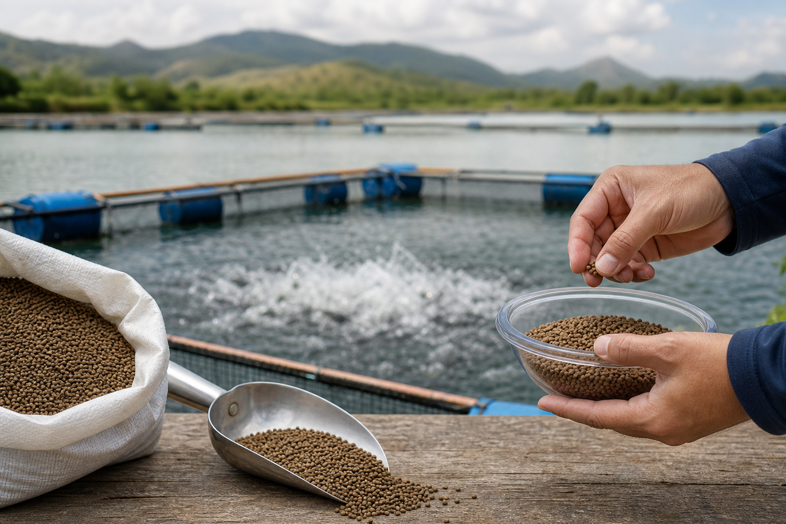 Produtor avaliando ração peixes para cultivo com foco em qualidade, digestibilidade e manejo