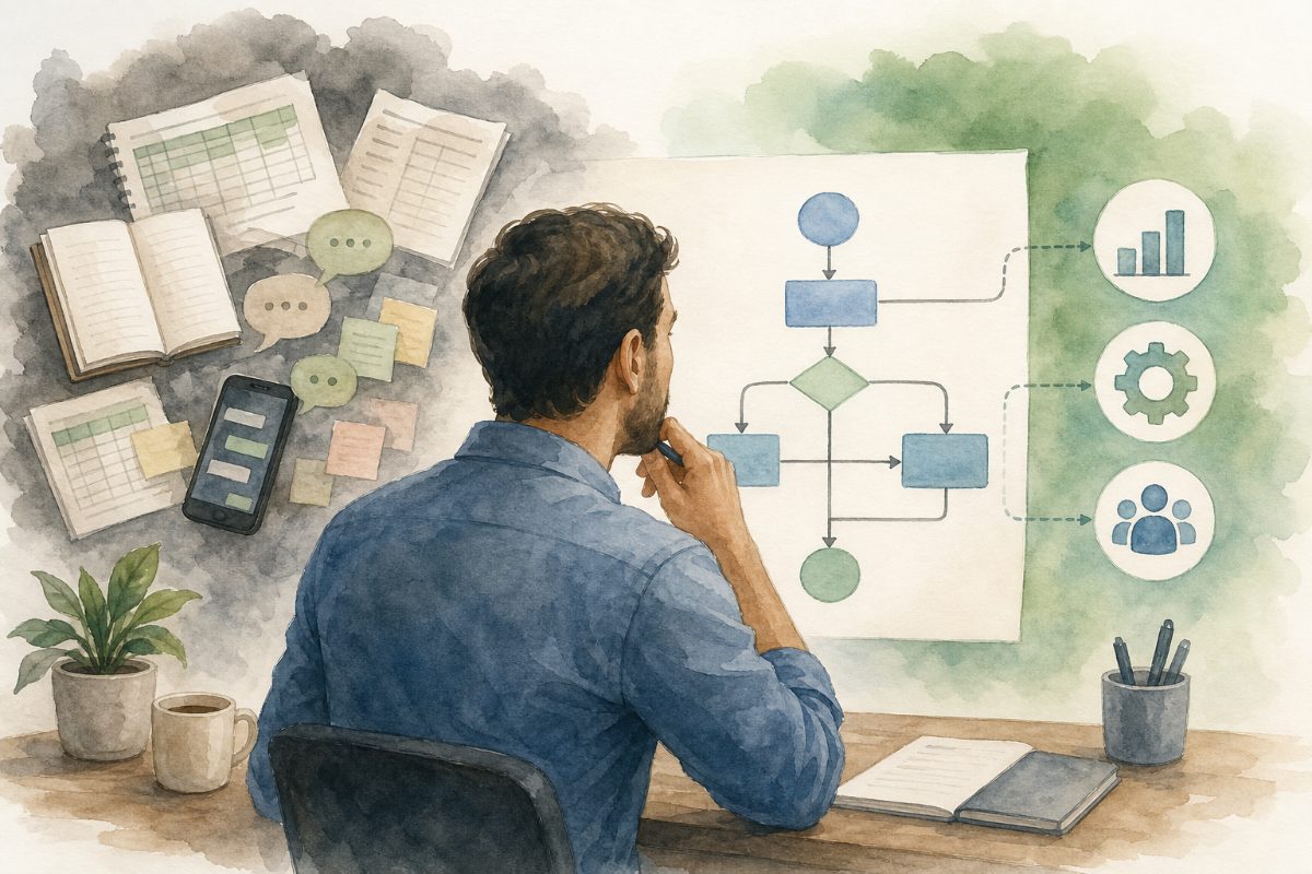 Equipe analisando a digitalização de processos e a organização operacional em uma empresa