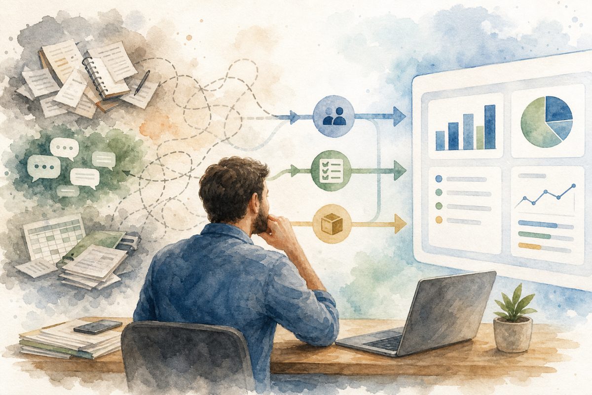 Gestor avaliando se um sistema de gestão acompanha a operação da empresa com centralização de dados e prazos